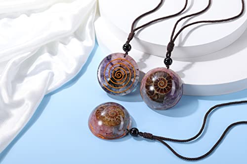 Jovivi 7 Chakra Gemstone Reki Healing Crystal Necklace Round Circle Shape Ammonite Fossil Resin Chip Stones Pendant Necklace for Women Men Life Tree Jewelry Christmas Gifts - color: Ammonite Fossil - Amethyst+Aquamarine+Rose Quartz