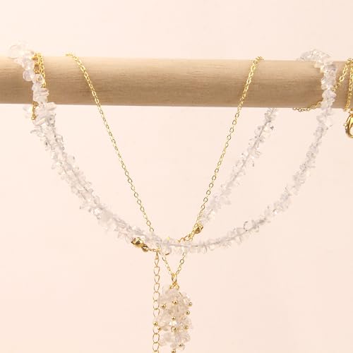 2Pcs Crystal Necklace for Women Handmade Choker Necklaces Pendant Necklace Natural Stone Gemstone Beaded Necklace 18k Gold Plated Adjustable Dainty Necklace for Women - color: Opal