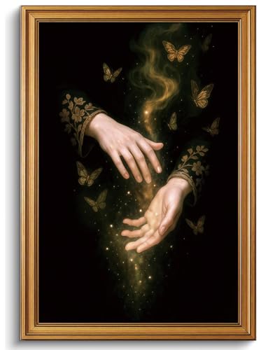 Vintage Gold Framed Wall Art Dark Academia Canvas Art Prints Gothic Pictures Whimsical Wall Decor Magic Hands Butterfly Painting Fantasy Artwork for Living Room Bedroom Bathroom16x24in - color: Magic Hands, size: 16x24in Gold Framed
