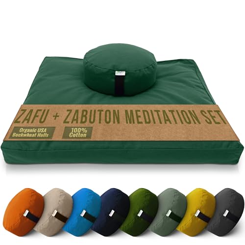 Bean Products Meditation Cushion Mat Set - Zafu Floor Pillow Organic Buckwheat Pillow + Cotton Filled Zabuton Prayer Pad - Meditation Pillow Yoga Knee Pad - Made in USA - 14" Round or 18" Oval