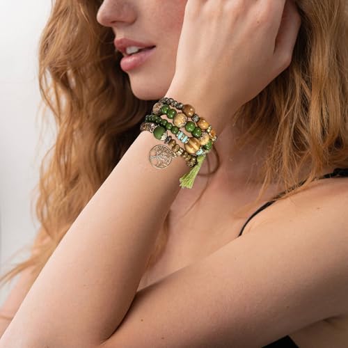 Stackable Stretch Bracelets for Women Tree of Life Bead Bracelet Boho Jewelry - color: 1-Tree-Green