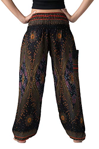 B BANGKOK PANTS Harem Pants Women Yoga Boho Clothes with Pockets - color: Black Peacockeye, size: One Size