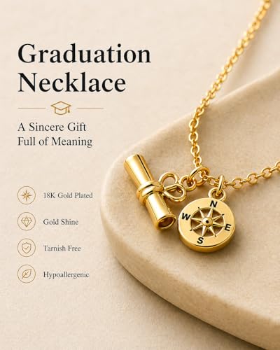 Zealmer Dainty 18K Gold Plated Compass World Map Pendant Necklace Graduation Gift for Friends - style: Diploma