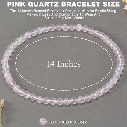 14in Agate Wrap Bracelet for Women Men Natural Round Beaded Agates Stone Healing Stretch Bracelets Elastic Handmade Polished Gemstone Beads Bracelet - color: Pink Quartz, size: 8mm Beads