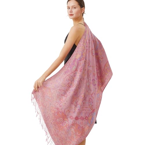 Paisley Pashmina Rave Shawl Scarf-Women's Reversible Ethnic Jacquard Pashmina Wraps for Travel - color: A#. Rose Pink