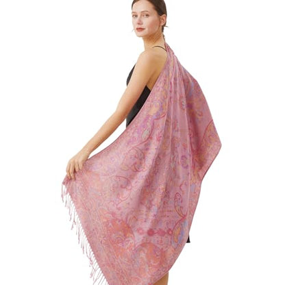 Paisley Pashmina Rave Shawl Scarf-Women's Reversible Ethnic Jacquard Pashmina Wraps for Travel - color: A#. Rose Pink
