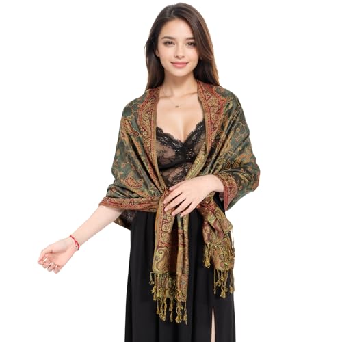 MUQU Women Pashmina Shawls and Wraps Scarf Soft Silky Reversible Paisley Scarves Shawl for Women - color: Green-a2
