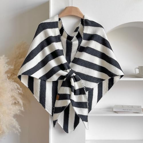 WaJuemy Pashmina Shawl Wraps for Women Cross Sweater Shawls and Wraps Cardigan Cape Front Poncho Knit Cashmere Sweater Shawl - color: 15 Black/White Stripe