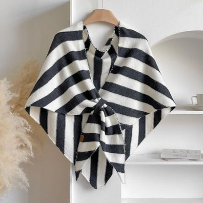 WaJuemy Pashmina Shawl Wraps for Women Cross Sweater Shawls and Wraps Cardigan Cape Front Poncho Knit Cashmere Sweater Shawl - color: 15 Black/White Stripe