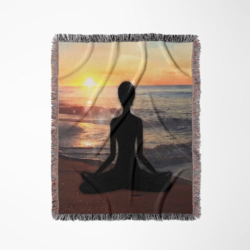 3dRose Meditation on The Beach Yoga Woman in Lotus Position at Sunset Woven Blanket