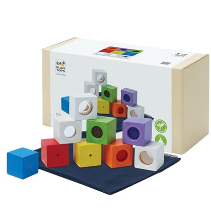 PlanToys® Sensory Activity Blocks for Toddlers – 9-Piece Set with Visual, Auditory & Tactile Stimuli – Montessori Toy with Storage Bag – Wooden Learning Toy for Babies & Kids Ages 12 Months+