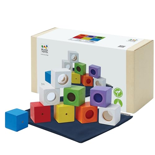 PlanToys® Sensory Activity Blocks for Toddlers – 9-Piece Set with Visual, Auditory & Tactile Stimuli – Montessori Toy with Storage Bag – Wooden Learning Toy for Babies & Kids Ages 12 Months+