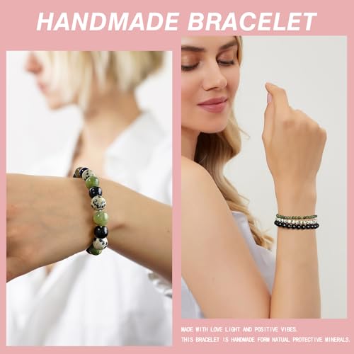4pcs Beaded Bracelets for Women,Natural Healing Crystal Gemstones Bracelet,Anxiety Stress Relief Bracelet Handmade purple Jewelry Gifts for Women - color: Southern jade&Dalmatian Jasper&Black Obsidian