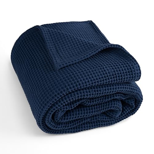Waffle Blanket Queen Size Bed, 100% Cotton Soft Lightweight Breathable Summer Blanket, Waffle Weave Queen Size Bed Blanket: Blue (90"x90") - color: Blue, size: Queen (90" x 90")