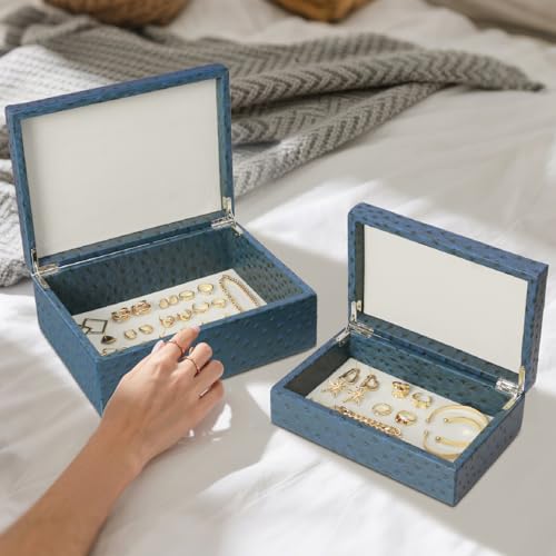 Decorative Storage Boxes Set of 2 Faux Ostrich Leather Decorative Boxes with Lids Large Nesting Jewelry Boxes, Photo Memory Box Modern Home Decor