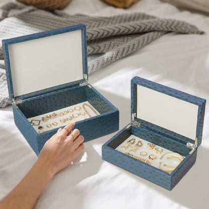 Decorative Storage Boxes Set of 2 Faux Ostrich Leather Decorative Boxes with Lids Large Nesting Jewelry Boxes, Photo Memory Box Modern Home Decor