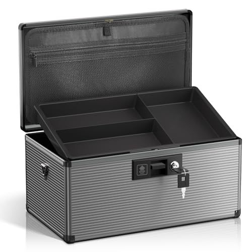 Medicine Lock Box with Key, Alluminum Alloy Box for Medication,First Aid Box with a Removeable Tray to Store Medicines & Pills for Home&Travel, Black,16 * 9.25 * 7.48 Inch - color: Black, size: X-Large-16inch