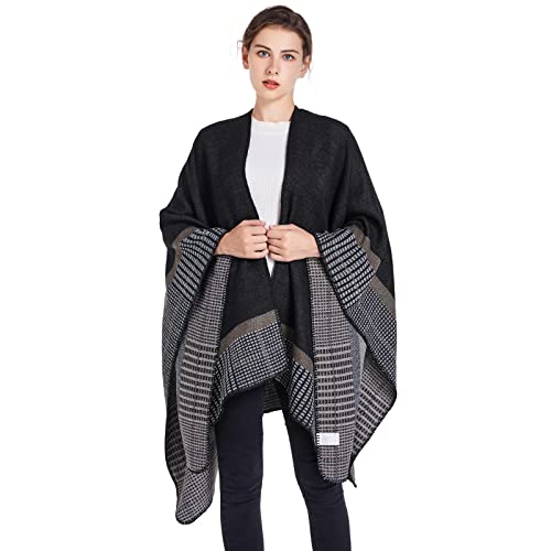 Shawl Wraps for Women, Elegant Knitted Cape Open Front Poncho Scarf Blanket Cardigan Coat for Spring, Autumn, and Winter - color: Black Gray Khaki