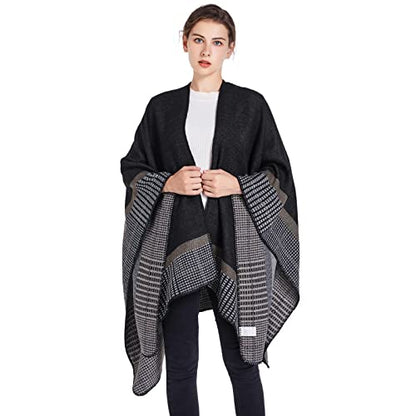 Shawl Wraps for Women, Elegant Knitted Cape Open Front Poncho Scarf Blanket Cardigan Coat for Spring, Autumn, and Winter - color: Black Gray Khaki