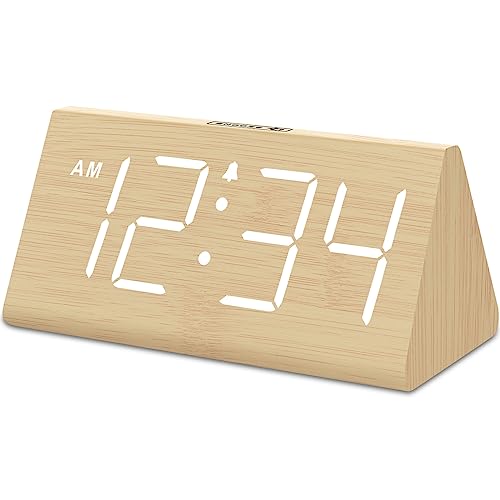DreamSky Wooden Digital Alarm Clocks for Bedrooms - Electric Desk Clock with Large Numbers, USB Port, Loud Alarm for Heavy Sleepers, Adjustable Volume, Dimmer, Snooze, DST, Wood Décor, Adapter Powered - color: Bamboo (Plug-in)