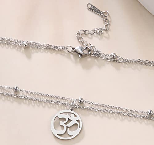 UNIFT Necklace For Women- Aum Om Ohm Sanskrit Symbol Round Pendant Beaded Double Layer Chain Charm Necklace,Hinduism Yoga Sanskrit Personalized Amulet Dainty Pendant Necklace Jewelry - color: silver