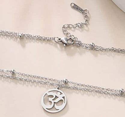 UNIFT Necklace For Women- Aum Om Ohm Sanskrit Symbol Round Pendant Beaded Double Layer Chain Charm Necklace,Hinduism Yoga Sanskrit Personalized Amulet Dainty Pendant Necklace Jewelry - color: silver