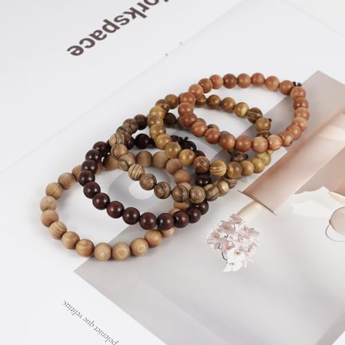 5Pcs Sandalwood Stretch Bracelets for Women Men with Hematite Stone Cross Mala Beads - color: A