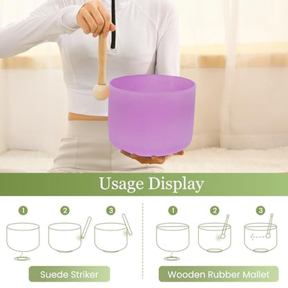 432HZ 8 Inchs B Note Purple Frosted Crystal Singing Bowl for Meditation Healing Yoga Chakra Quartz Crystal Sound Bowls with Heavy Duty Carry Case and Rubber Mallet,Suede Striker,O-ring