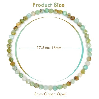 BONNY BOXX Natural Genuine Gemstone Faceted Round Beads Bracelets, 3mm Adjustable Stretchy Tiny Faceted Black Tourmaline Bracelet, Healing Crystal Reiki Chakra Dainty Jewelry Fashion Gifts - color: Green Opal