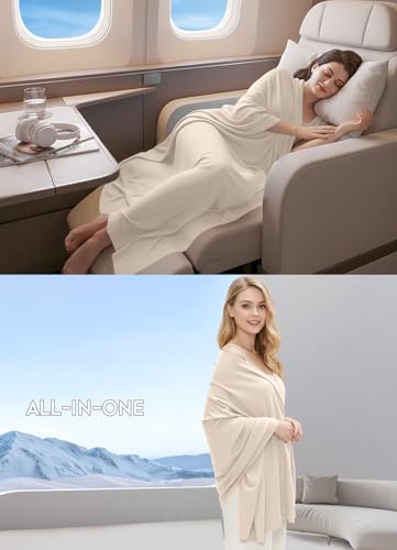 Women's Wool Blend Travel Scarf Lightweight Breathable Wrap Pashmina Airplane Blanket Shawl - color: Beige