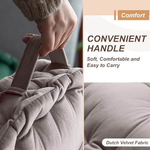 Meditation Floor Pillow, 23.6" Round Thick Cushion with Handle, Velvet Floor Cushion Seat Cushion for Yoga Living Room Tatami, Meditation Cushion for Adults, Light Gray