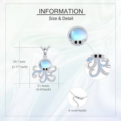 Sterling Silver Cute Animal Pendant Necklace Fox/Snake/Unicorn/Owl on Moon/Rabbit/Horse Necklace Jewelry for Women Mom Sister - style: Moonstone Octopus