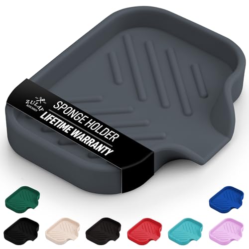 Zulay Kitchen Small Silicone Sponge Holder (4.9x3.3”) – Space-Saving Sink Organizer Tray for Sponge, Soap, Brush & More – Compact Non-Slip Dish for Kitchen & Bathroom (Grey) - color: Grey, size: Small (4.9x3.3)
