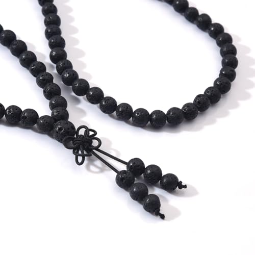 108 Mala Prayer Beads Bracelet 6mm Genuine Gemstone Healing Crystal Stone Beaded Bracelet Buddhist Tibetan Handmade Knotted Elastic Necklace for Yoga Meditation Unisex Women Men - color: Black Lava