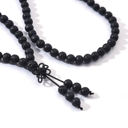 108 Mala Prayer Beads Bracelet 6mm Genuine Gemstone Healing Crystal Stone Beaded Bracelet Buddhist Tibetan Handmade Knotted Elastic Necklace for Yoga Meditation Unisex Women Men - color: Black Lava