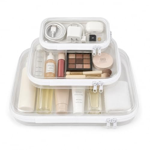3-Pack Clear Hard Shell Zipper Cases, Crush-Proof Transparent TSA Approved Organizer Bags for Makeup, Cosmetics, Toiletry, Diaper, Toys, Tech & Art Supplies Small Medium Large