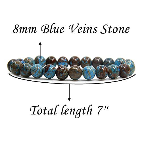 Angelstones Handmade Natural Healing Gemstone 8mm Round Beads Stretch Crystal Bracelet 7 Inch Unisex - color: Blue Wood Veins Jasper