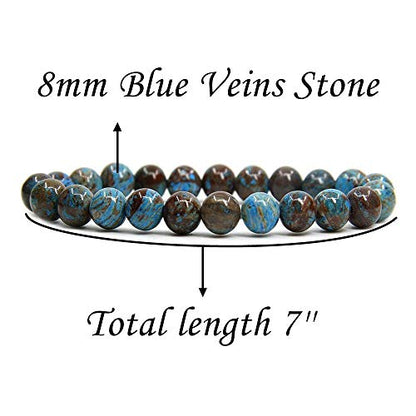 Angelstones Handmade Natural Healing Gemstone 8mm Round Beads Stretch Crystal Bracelet 7 Inch Unisex - color: Blue Wood Veins Jasper