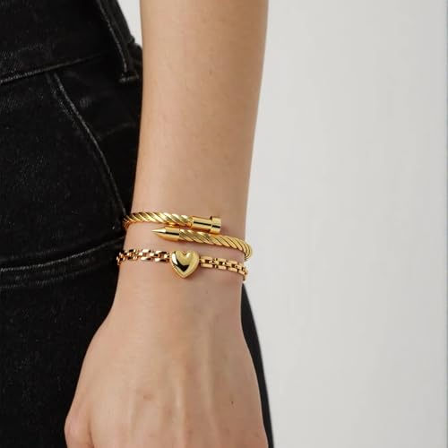 2PCS 18K Gold Plated Nail Bangle & Chain Bracelet Set for Women, Adjustable Stackable Bangle Jewelry, Dainty Gold Bracelet Gift for Women - color: Set O