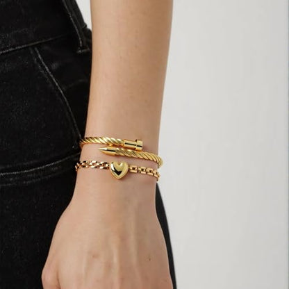 2PCS 18K Gold Plated Nail Bangle & Chain Bracelet Set for Women, Adjustable Stackable Bangle Jewelry, Dainty Gold Bracelet Gift for Women - color: Set O