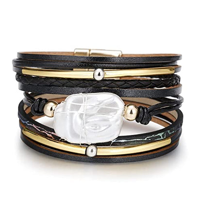 Fesciory Leather Wrap Bracelets for Women, Boho Leopard Multi-Layer Crystal Beads Cuff Bracelet Jewelry - color: Black Leather(Pearl)