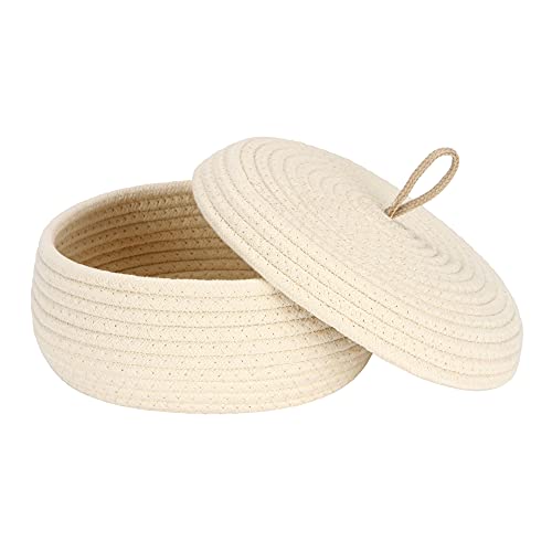 Sea Team Round Cotton Rope Storage Basket with Lid, Decorative Woven Storage Bin, Pot, Caddy, Organizer, Container for Snacks, Towels, Plants, 10 x 4.5 Inches (Small, Shallow, Cream) - color: Cream, size: Small/Shallow