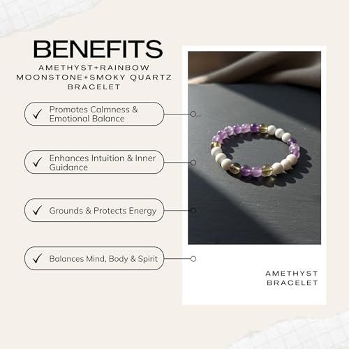 The Alchemist's Arcanum Adjustable Beaded Wrist Accessory for Men and Women, Stretch Fit Stone Bead Jewelry for Daily Wear and Gifting - color: Amethyst + Rainbow Moonstone + Smoky Quartz