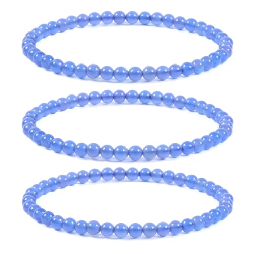 Justinstones Gem Semi Precious Gemstone 3pcs 4mm Round Beads Stretch Bracelet 6.5 Inch Unisex - color: Blue Agate