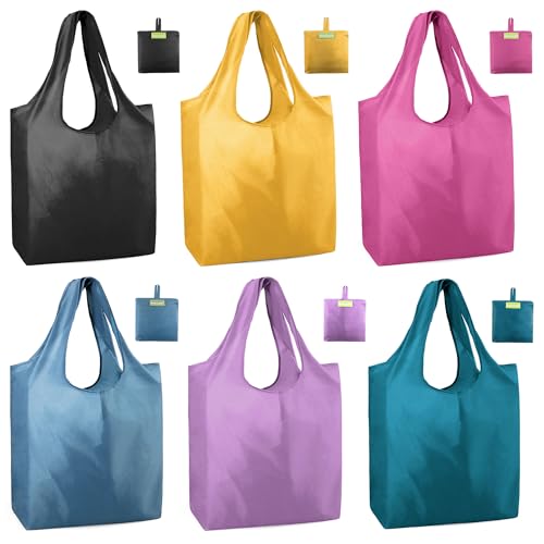 BeeGreen Colorful Reusable Shopping Bags Cute Grocery Bag 6 Pack, Christmas Gift Bags Heavy-Duty Foldable Shopping Totes for Supermarket, Work & Travel, Large Washable Polyester Tote Bag with Handles - color: Blue, Haze Blue, Extinguish Red, Arrogant Purp