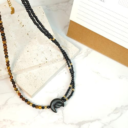Crystal Pendant Necklaces Healing love Women's Men's choker Obsidian Tiger eye White Crystal Black Gold waterproof dainty Charm stackable statement Cute Stone necklace Unisex - style: Onyx MoonRabbit