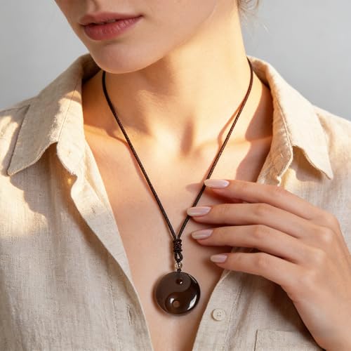 Black Obsidian Yin Yang Necklace for Men Women, Tai Chi Pendant Obsidian Balance Necklace for Releasing Negativity, Talisman Spiritual Healing Jewelry for Protection Amulet - color: Brown