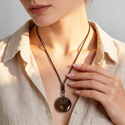 Black Obsidian Yin Yang Necklace for Men Women, Tai Chi Pendant Obsidian Balance Necklace for Releasing Negativity, Talisman Spiritual Healing Jewelry for Protection Amulet - color: Brown