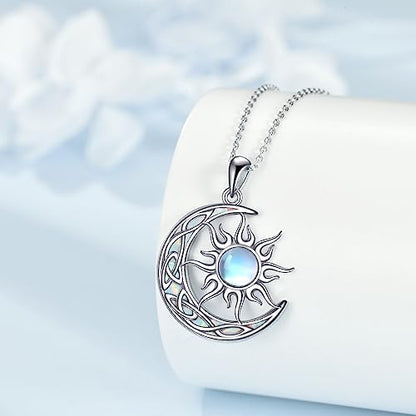 Sun and Moon Necklace for Women 925 Sterling Silver Celtic Crescent Moon Pendant Blue Opal/White Opal/Abelone Shell/Labradorite/Moonstone Jewelry Gift for Teen Girls - color: opal and moonstone