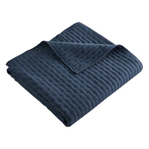 Levtex Home - Cross Stitch - Quilted Throw - 50x60in. - 100% Cotton - Reversible Pattern - Navy with Matching Stitching